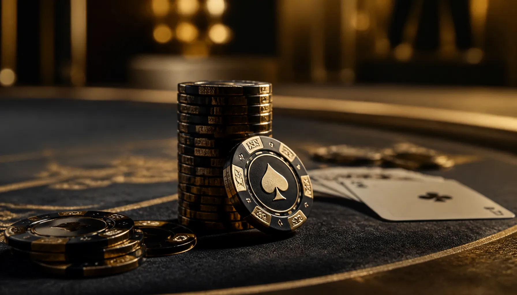 Close-up of gleaming gold dice resting on deep emerald velvet surface under warm cinematic light