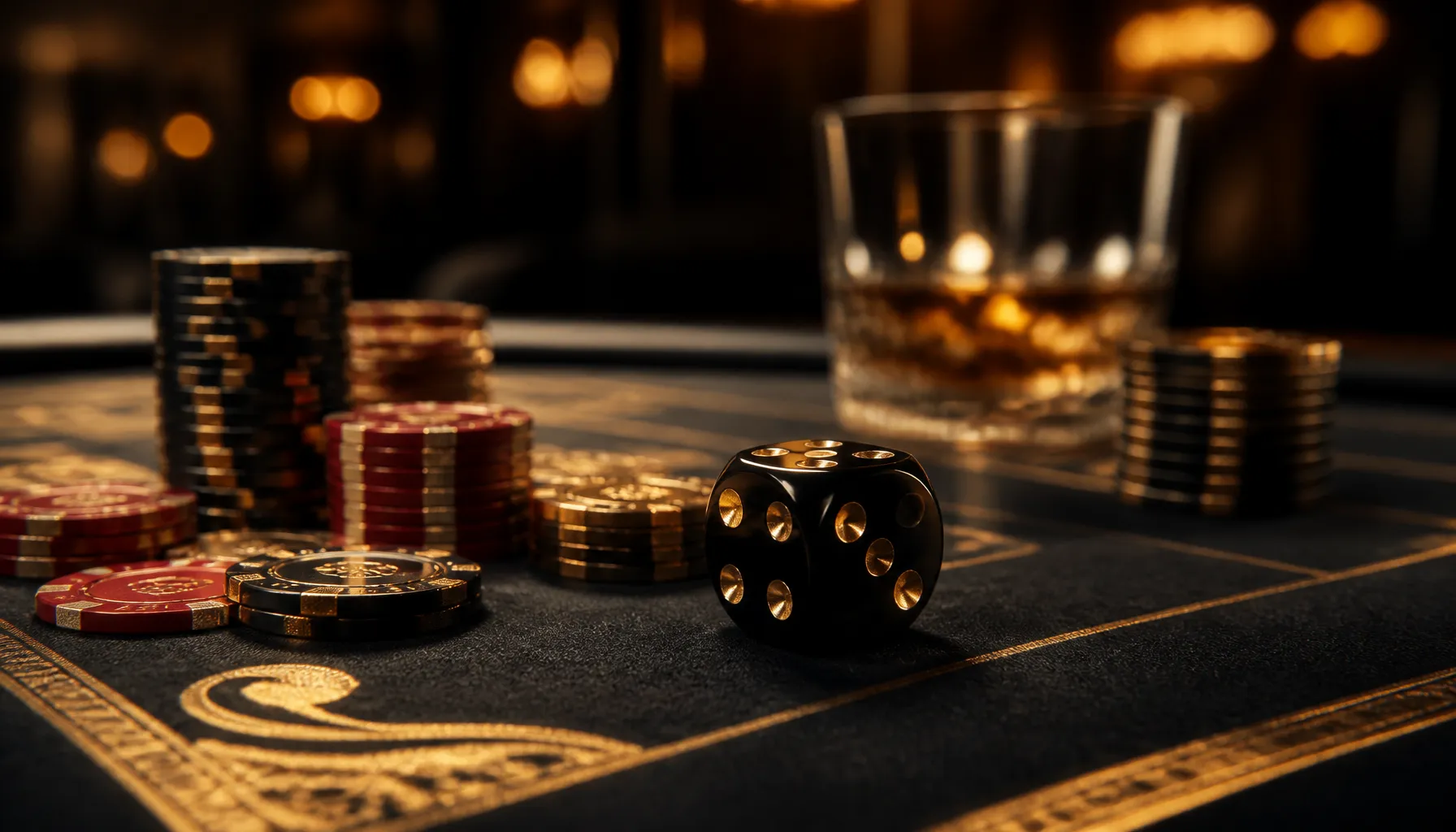 Close-up of gleaming gold dice resting on deep emerald velvet surface under warm cinematic light
