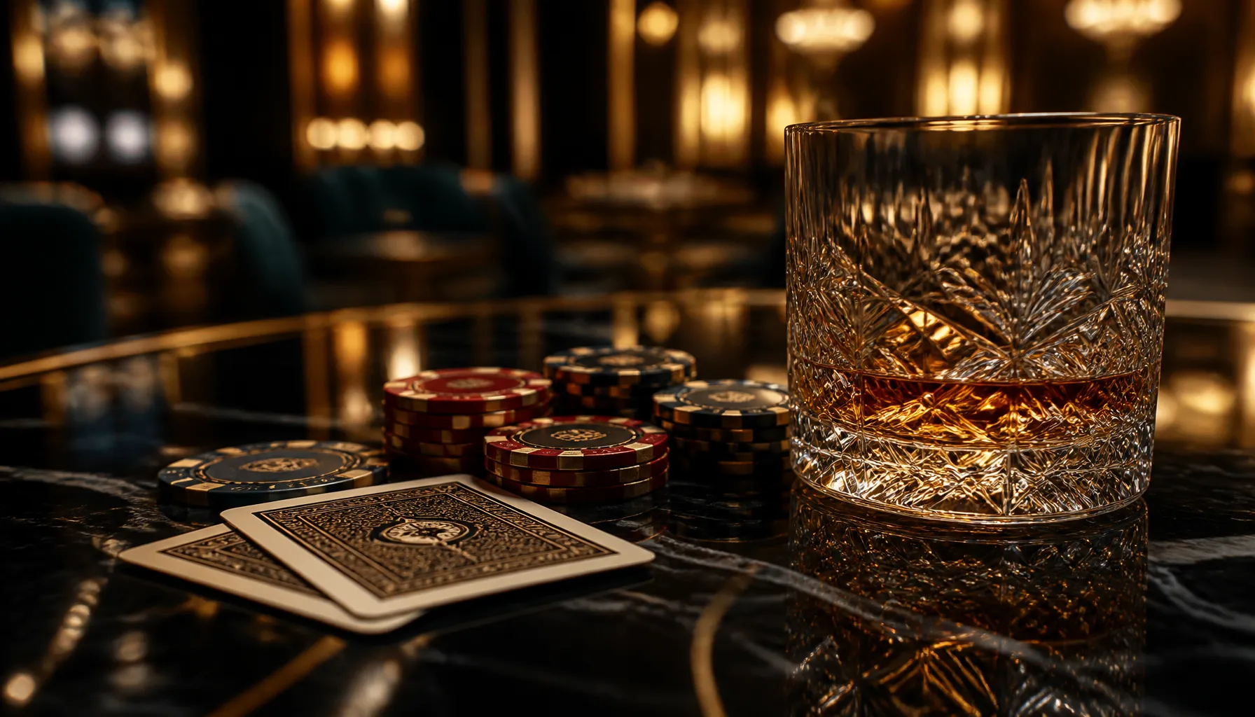 Close-up of gleaming gold dice resting on deep emerald velvet surface under warm cinematic light