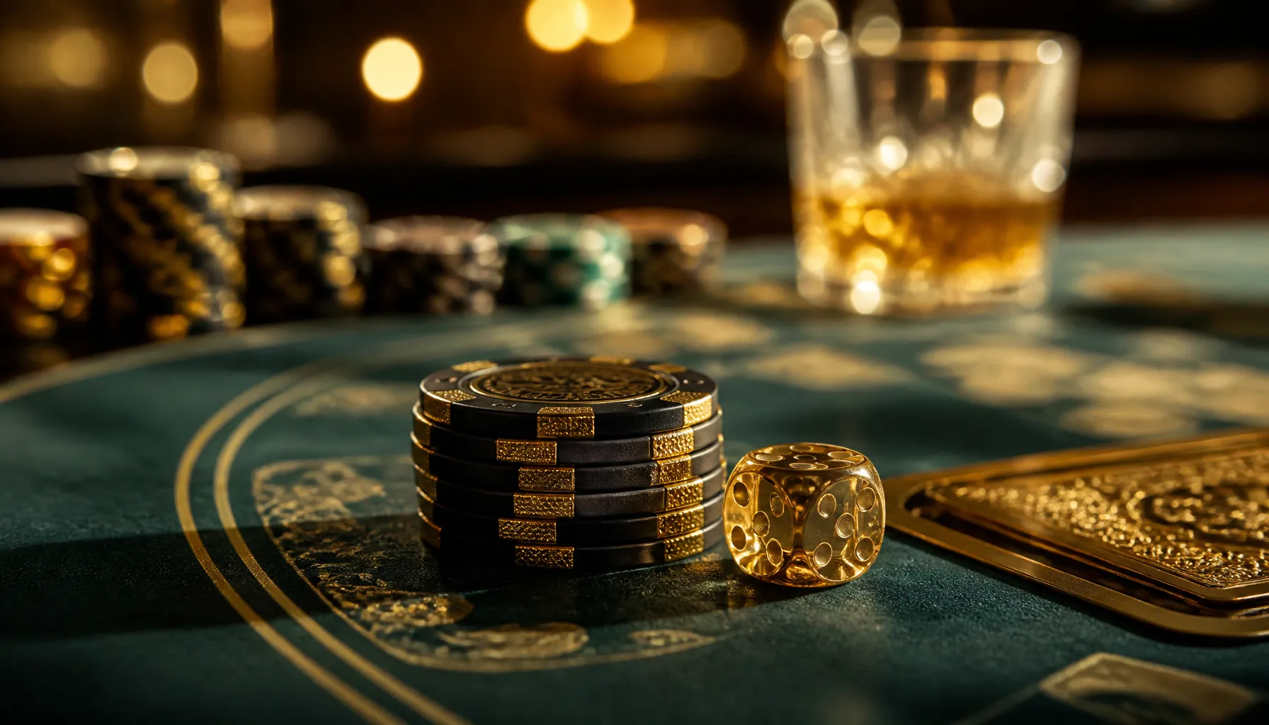 Close-up of gleaming gold dice resting on deep emerald velvet surface under warm cinematic light